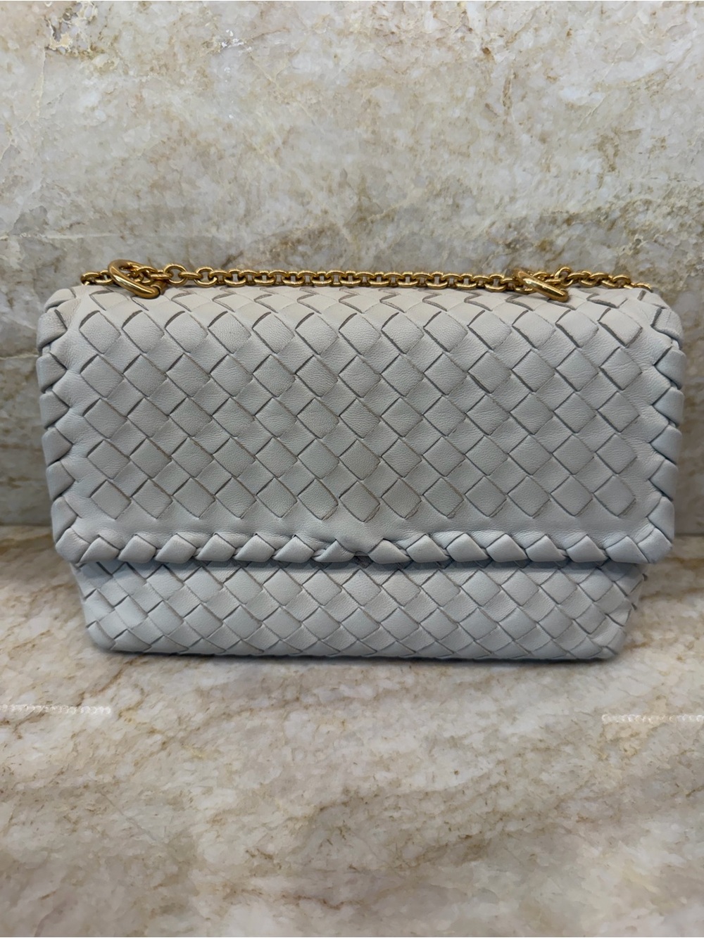 Bottega Veneta Leather Chain Shoulder Bag in Light Gray
